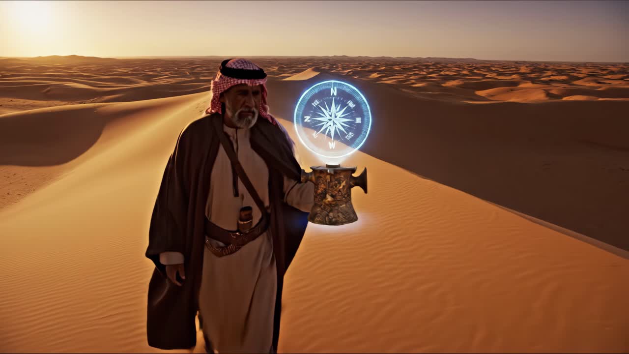 Man in Traditional Clothing Navigating the Desert with a Holographic Compass