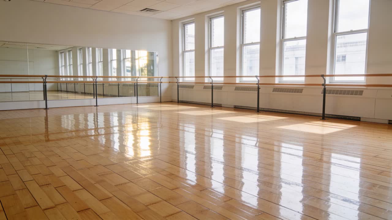 Vertical video: Recording cam documenting sunlight shift across studio floor, showing barre mirror