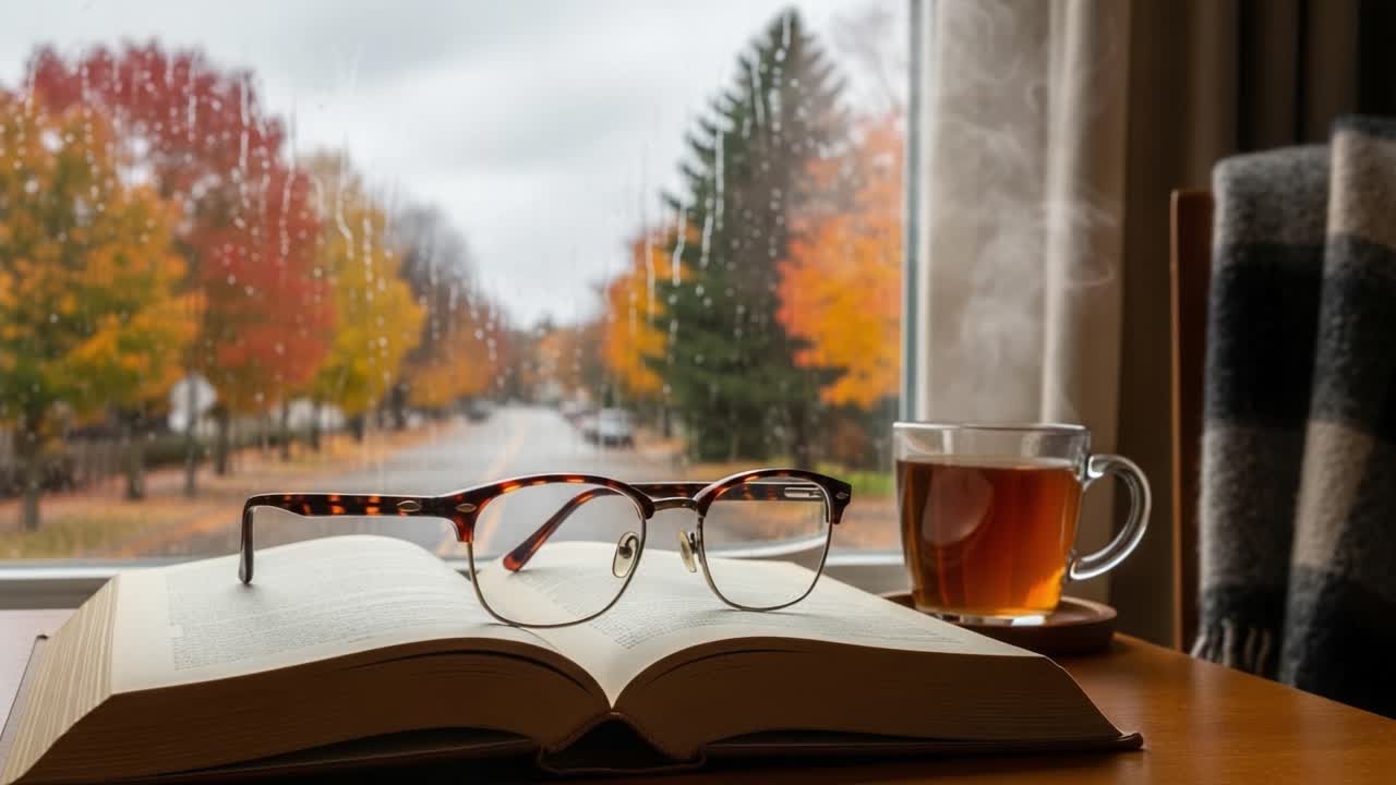 Uma tarde aconchegante de outono: uma xícara de chá quente, um livro aberto e óculos de leitura em frente a uma vista panorâmica de outono colorido e chuva fraca