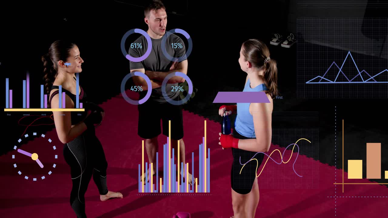 Right athlete sipping water starting boxing briefing, trainer watching while HUD charts aligning