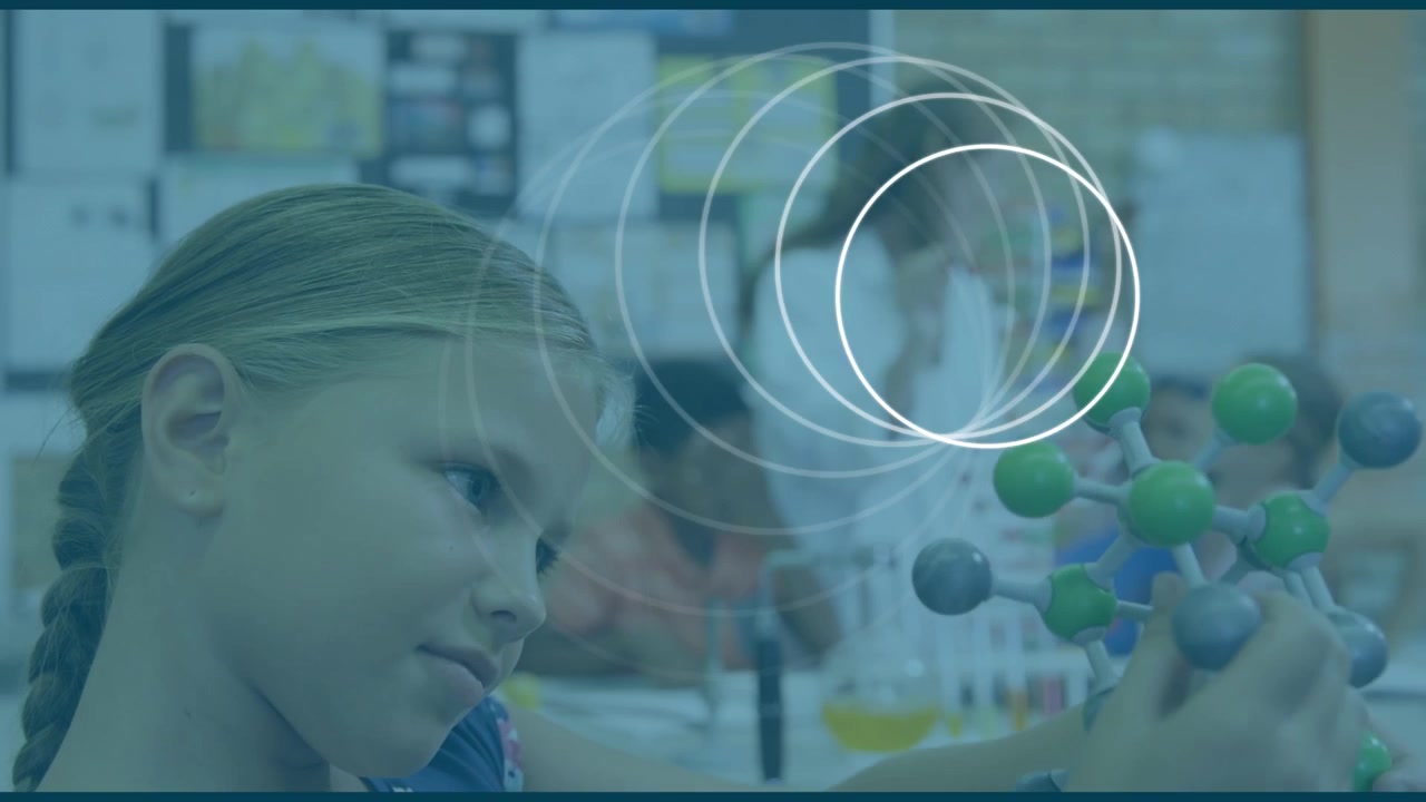 Animation of white circles over caucasian schoolgirl with model