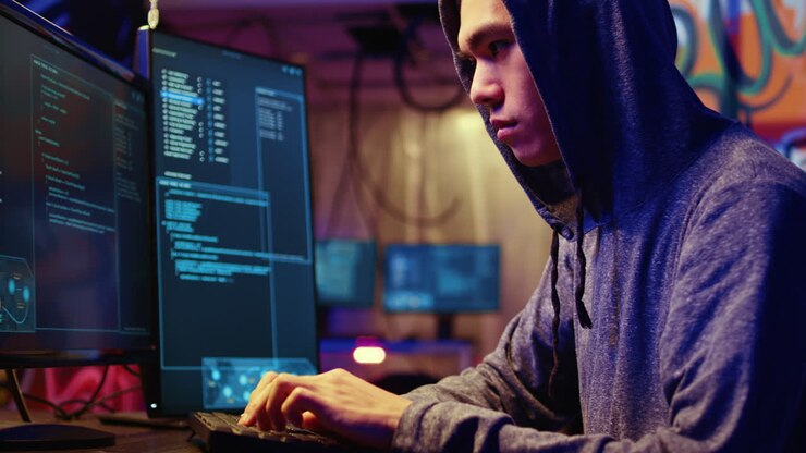 Hacker al computer che sviluppa spyware
