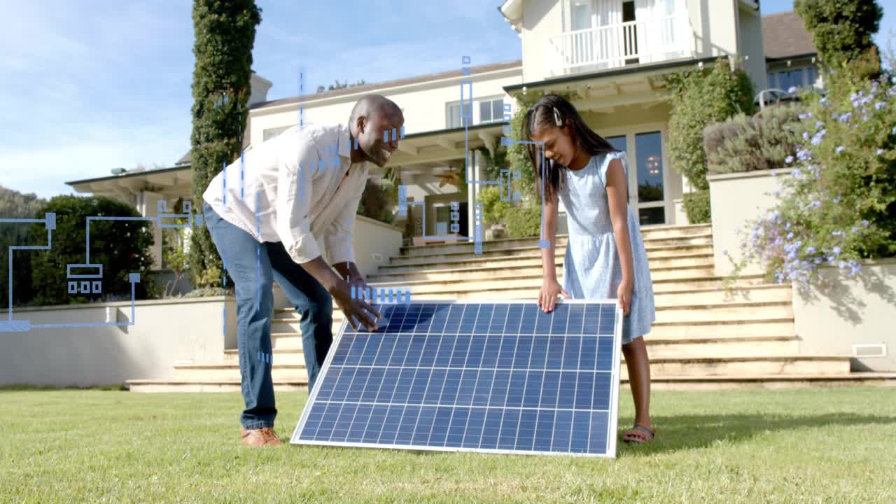 Man and girl lifting solar panel on lawn, adjusting angle while teaching energy using blue overlays