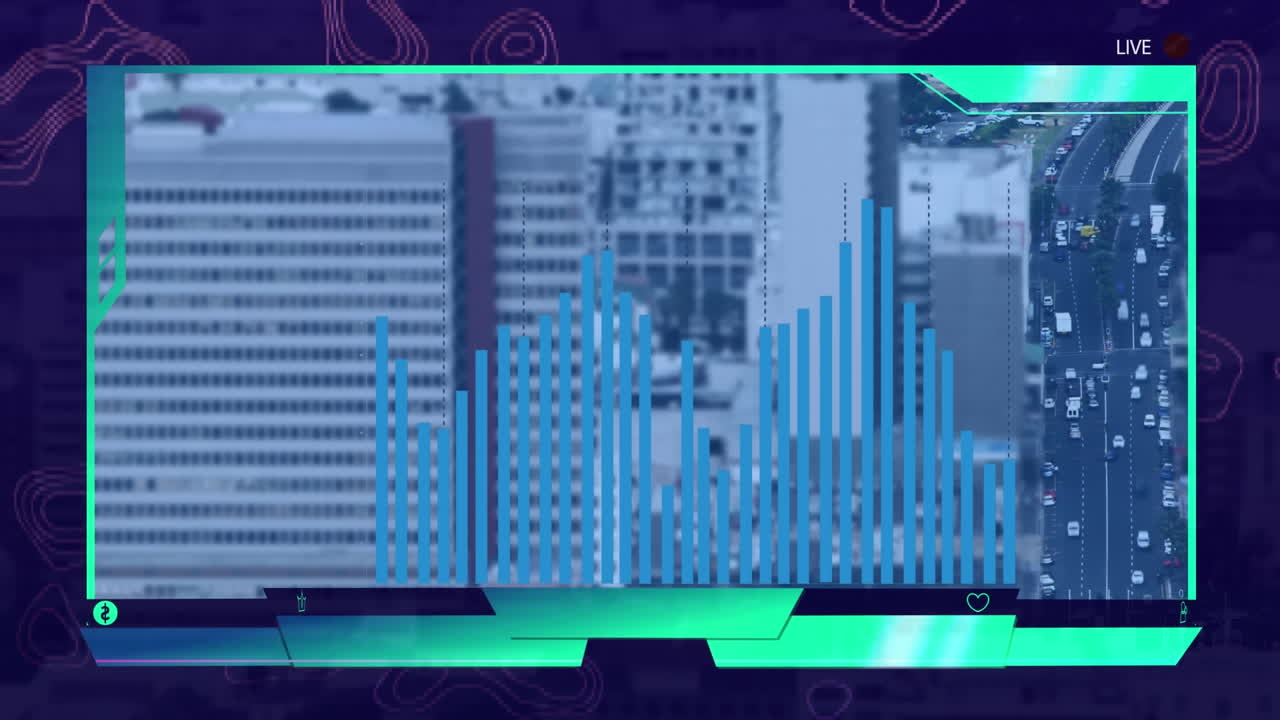 animación de gráficos sobre edificios modernos y vehículos en movimiento en la interfaz del grabador de video