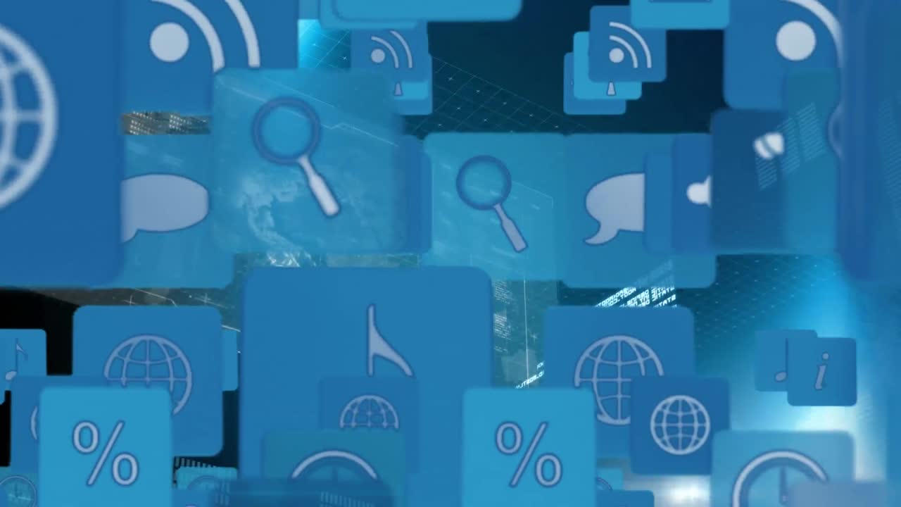 iconos y símbolos de internet con gráficos y estadísticas en una pantalla