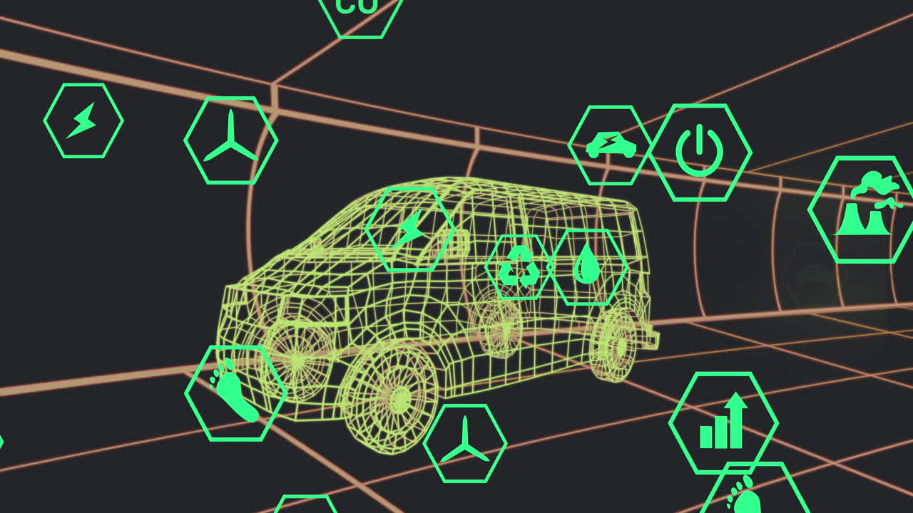 검은 바탕에서 움직이는 3d 밴 모델 위에서 아이콘의 처리 상태 데이터를 애니메이션