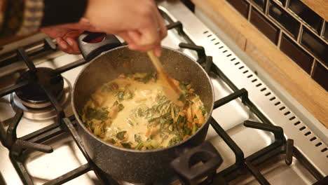 close-up of a hand stirring a pot of creamy vegetable stew on a stovetop