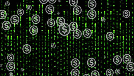 animation of dollar symbols over black background with green letters