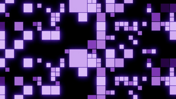 Purple Pixel Grid Pulses On Black, Rapid Tile Transitions Create Glitchy Scanner Effect, Neon Violet Tones