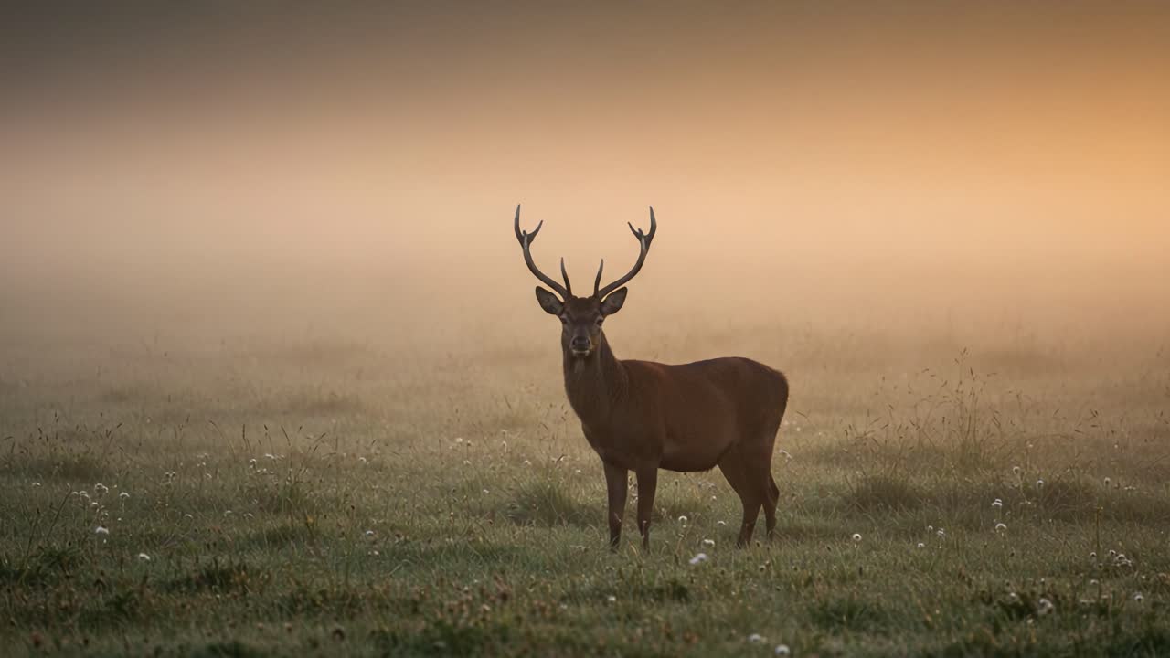 Majestic Stag Amidst Misty Landscape at Dawn: A Serene Encounter with Nature in Early Morning Fog, Capturing the Tranquility of Wildlife and the Beauty of the Outdoors
