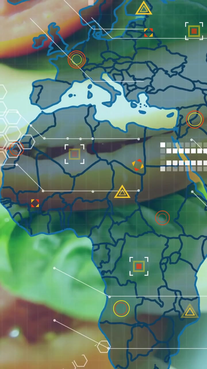 Vertical video: Map overlay emerging from right activating HUD over sandwich stack, tracing origins