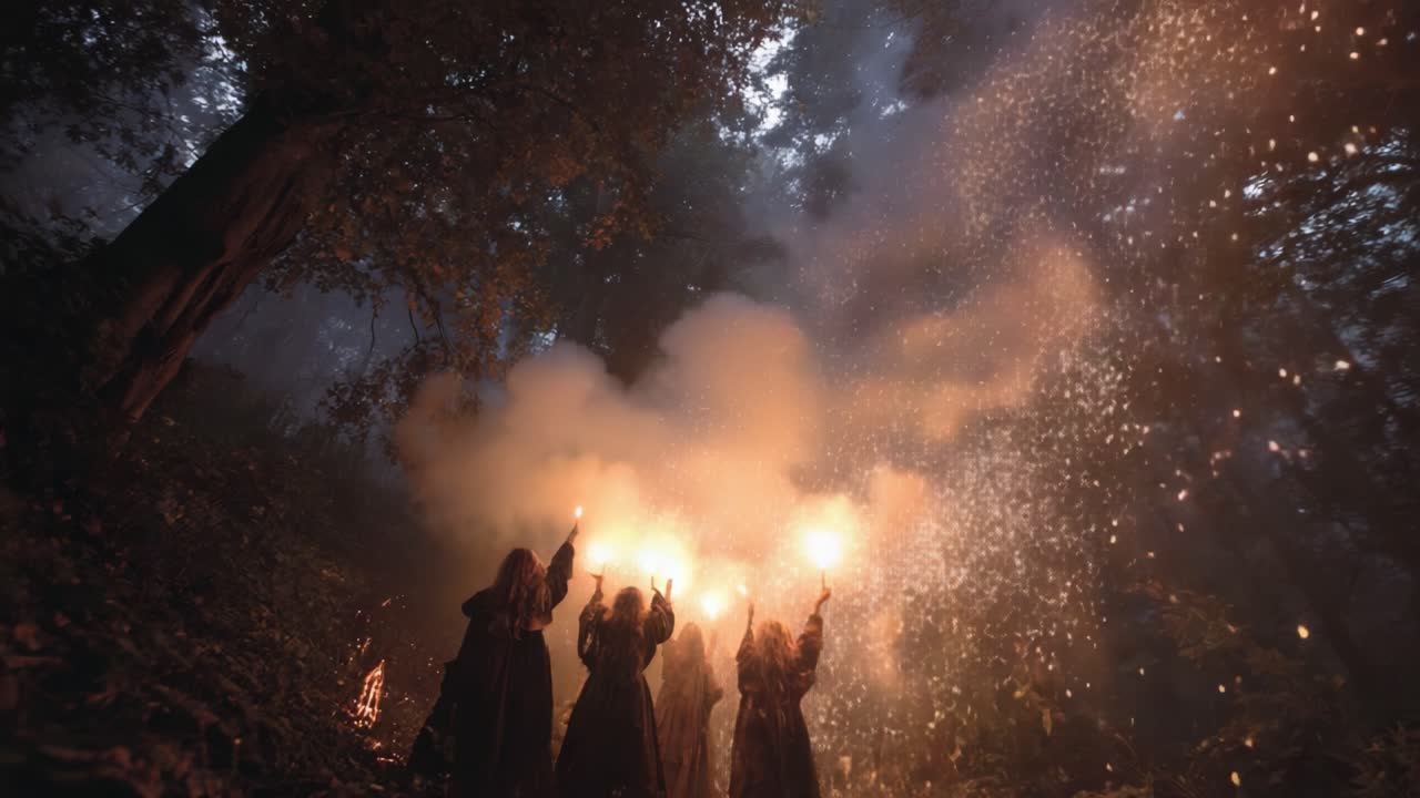 Mysterious Ritual in Enchanted Forest: A Group of Cloaked Figures Celebrates with Torches, Creating a Magical Atmosphere Filled with Sparkling Light and Smoke