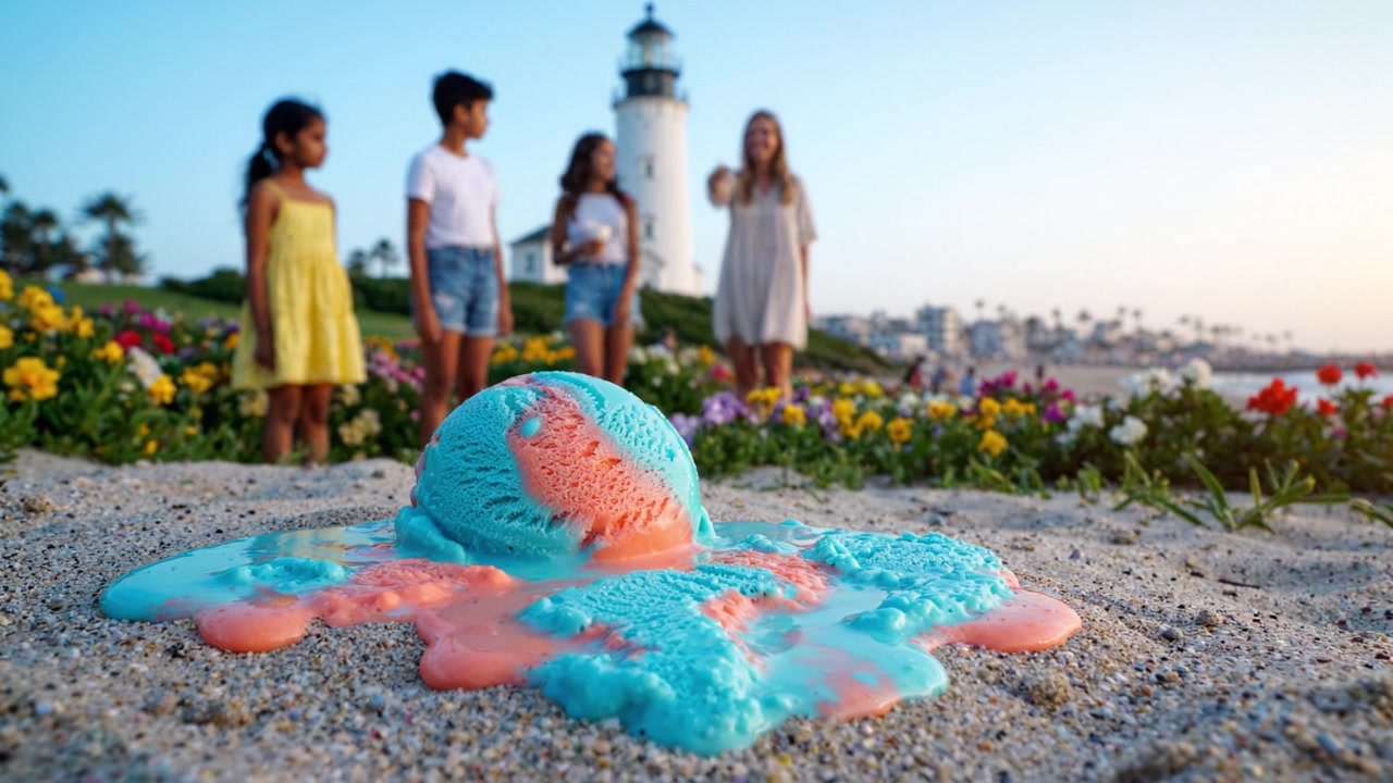 ビーチで溶けるアイスクリーム：鮮やかな色彩と美しい灯台を背景に、楽しい一日を過ごす友人たち