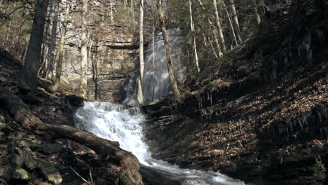 static shot of cascading waterfalls flowing through stream in forest, 4k