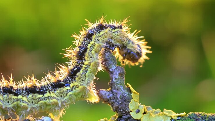 Bruco di vanessa dell'ortica (Aglais urticae). Il bruco dell'ortica striscia nei raggi del sole al tramonto.