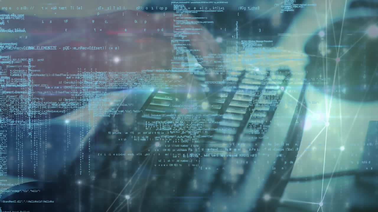 컴퓨터 키보드에 입력하는 사람, 데이터 처리 및 연결 네트워크의 애니메이션