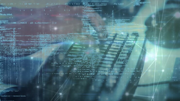 Animation of person typing on computer keyboard, data processing and network of connections