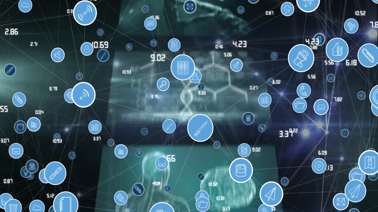 Animation of icons, connections and diverse data on digital screens