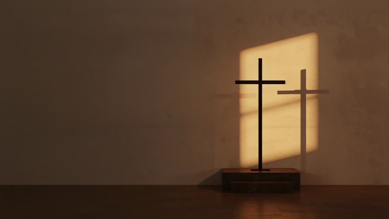 Sunlight entering window causing metal crosses casting shadows on wall in quiet room, copy space