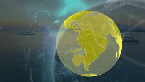 animación del globo y red de conexiones sobre el mar