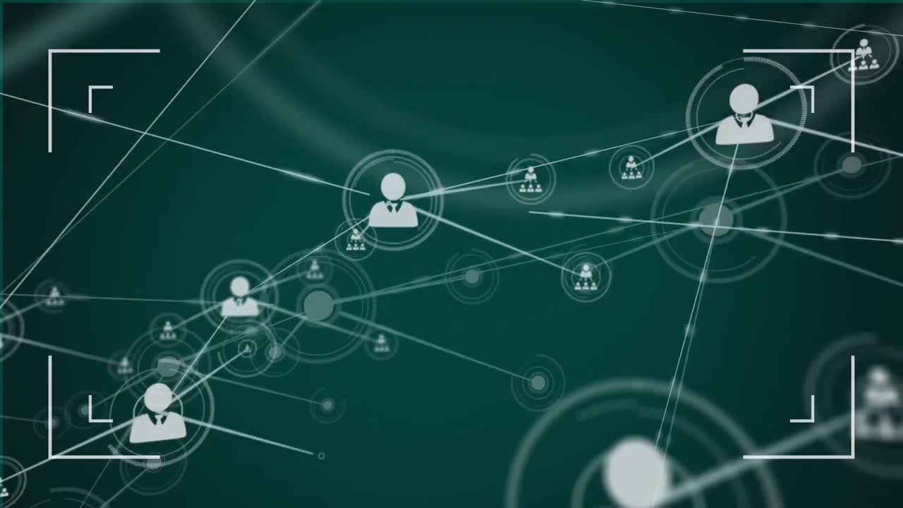 Animation of interface showing scope and network of connected people icons on dark green