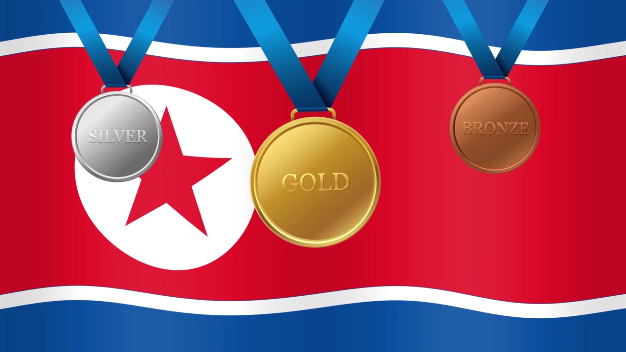Animoitu Pohjois-Korean lippu liehuu kulta-, hopea- ja pronssiurheilumitalien takana sinisissä nauhoissa.