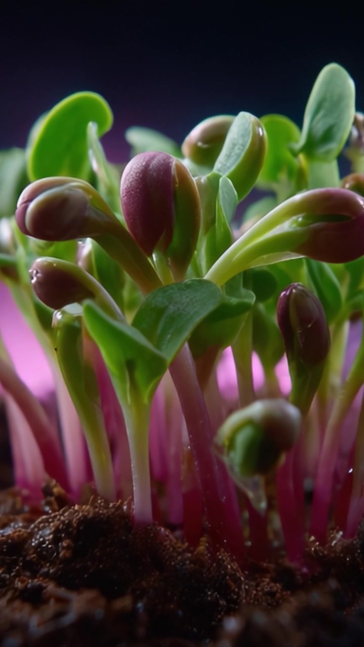 Crescita Rigogliosa: Una Prospettiva Macro di Piante Germoglianti con Foglie Verdi Lussureggianti che Emergono da Terreno Ricco Sotto un'Illuminazione Soffusa