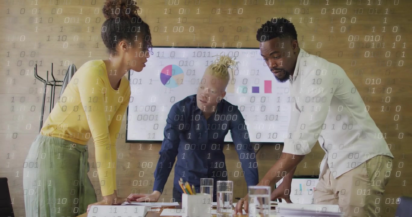 Woman leaning over table and pointing chart, activating business chart animation revealing insights