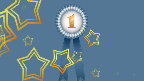 animation of floating golden start and 1st place medal on blue background