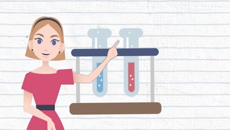 Animation-of-woman-talking-over-test-tube-icons