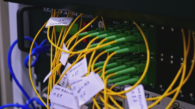 Fiber Optic Cables and Patch Panel in a Data Center