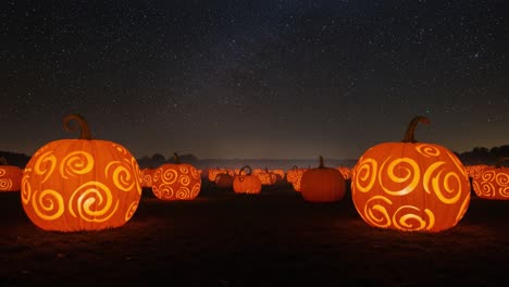 A Mesmerizing Night of Illuminated Pumpkins: Captivating Swirling Patterns Under a Starry Sky Create a Magical Autumn Atmosphere