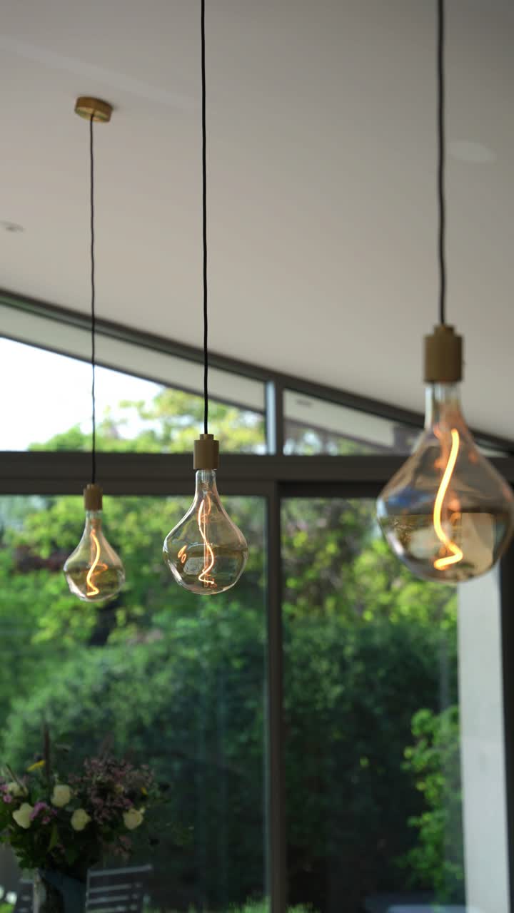Edison bulbs glow warmly in modern interior with garden view