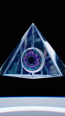 Illuminated glass pyramid with glowing eye suspended above planet earth, symbolizing technological surveillance and global monitoring against dark cosmic backdrop