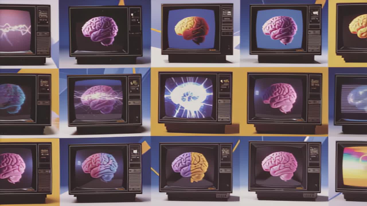 Dynamic of vintage CRT televisions showing colorful animated human brains, electric neural energy and glitch effects, evoking concepts of media influence, creativity and digital mind technology
