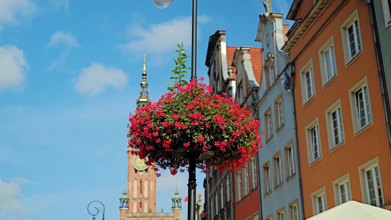 Atmosfera soleggiata del centro storico con lampione decorativo e torre di chiesa in Polonia.