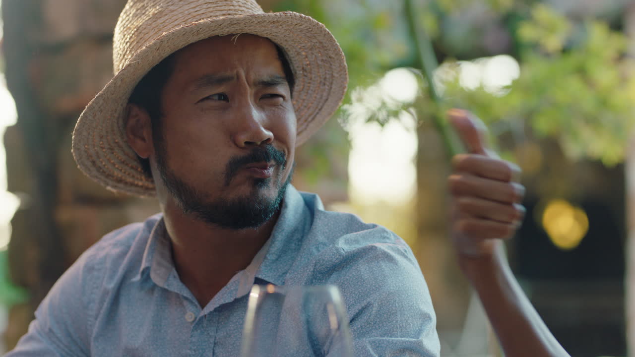 가장 친한 친구들이 저녁을 먹고 재미있는 아시아 남자가 지중해 음식을 맛보고 얼굴을 만들고 여름 축제를 즐기고 야외 테이블에 앉아 해가 지는 4k