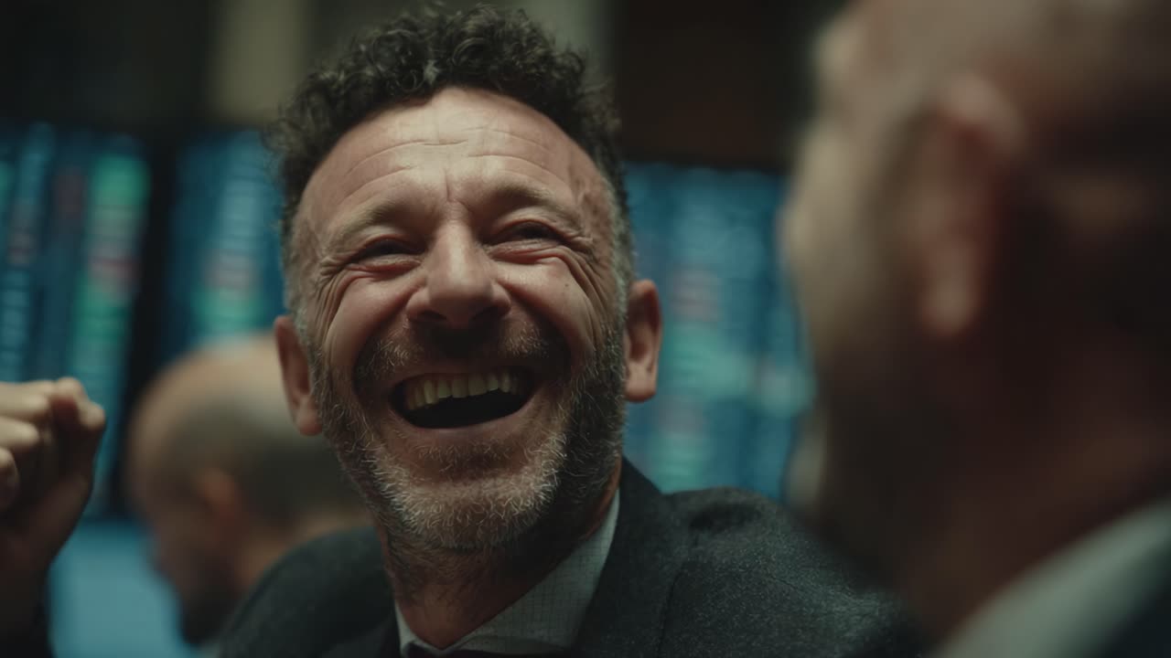 A Joyous Moment of Celebration in a Dynamic Trading Environment, Capturing Laughter and Connection Among Colleagues in a High-Stakes Financial Setting