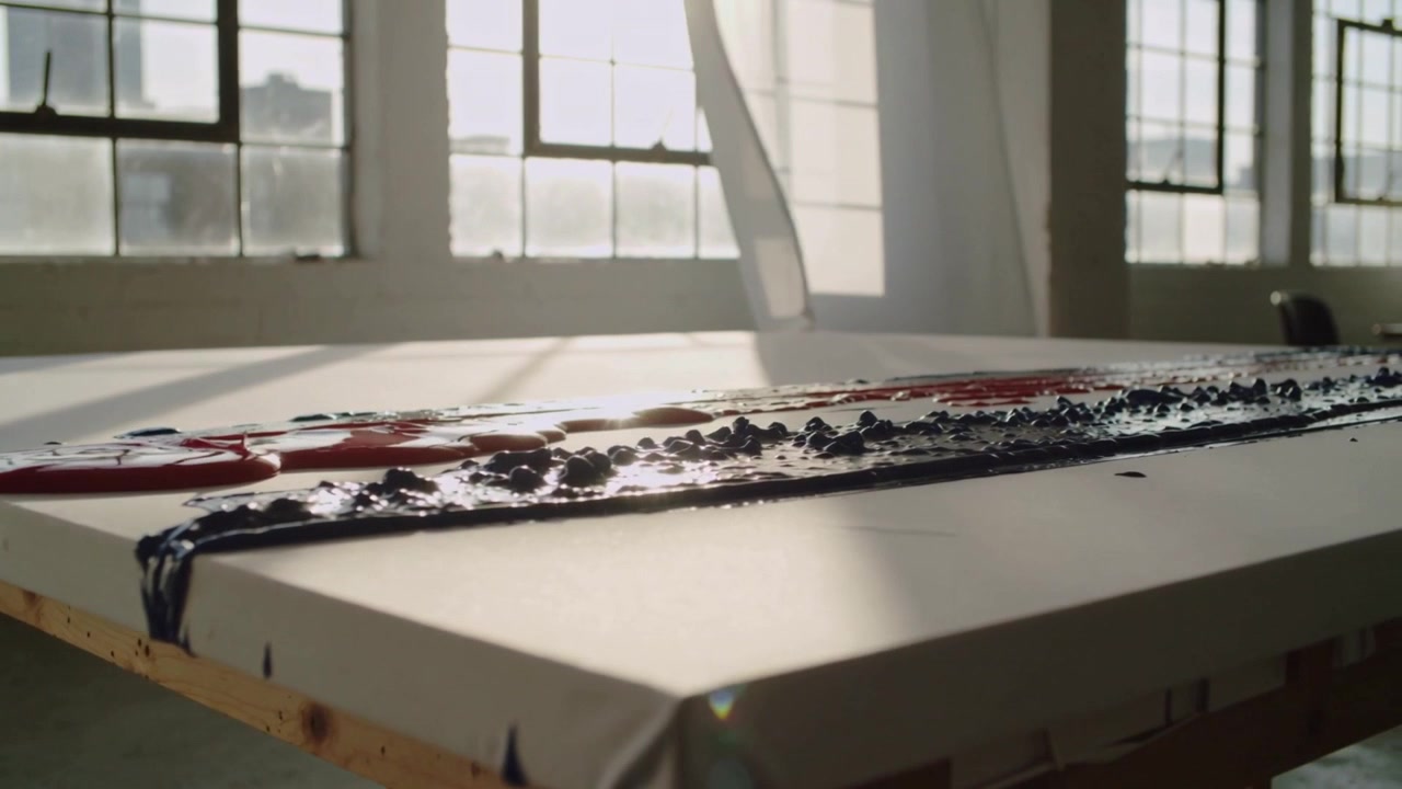Showing stretched white canvas, 2 wet paint ribbons sliding down loft table, gravity pulling drips