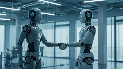 two advanced robots engaging in a meaningful conversation in a modern office environment, showcasing the future of artificial intelligence and human-robot interaction