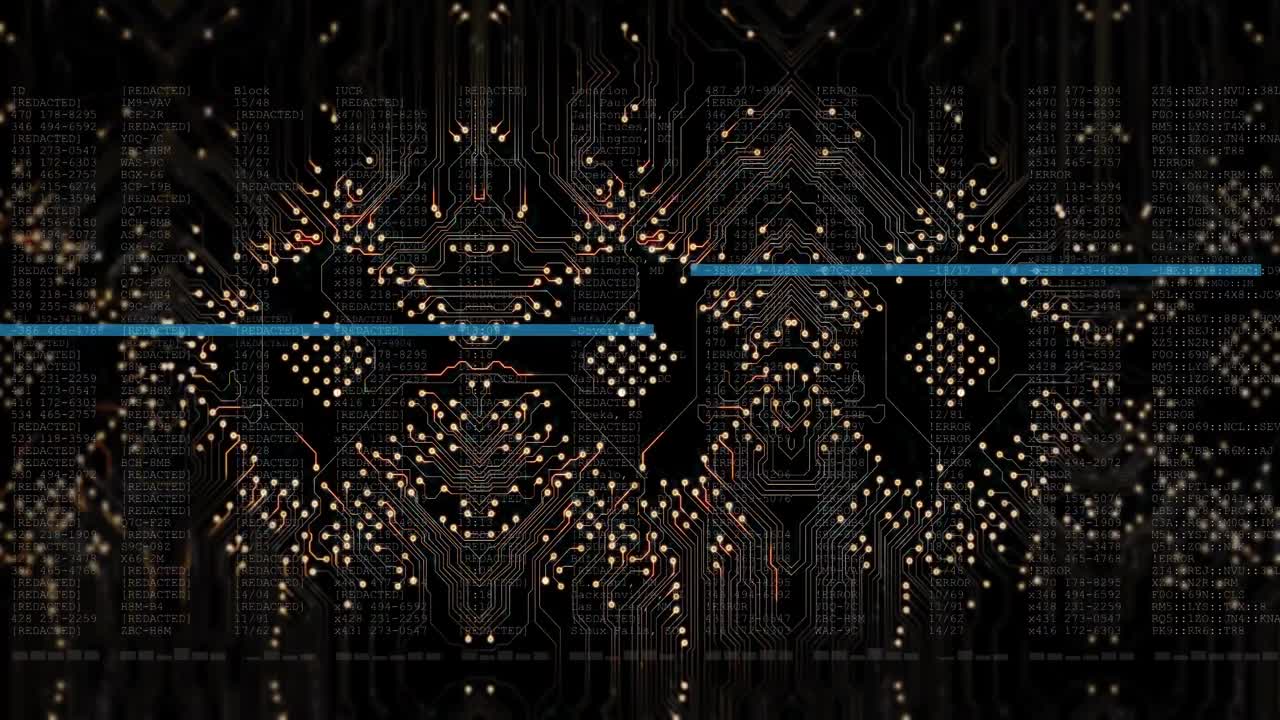 컴퓨터 회로판 위에 파란색 선으로 데이터 처리의 애니메이션