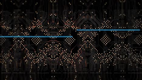 Animation-of-data-processing-with-blue-lines-over-computer-circuit-board