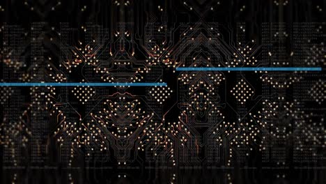 animación del procesamiento de datos con líneas azules sobre una placa de circuitos informáticos