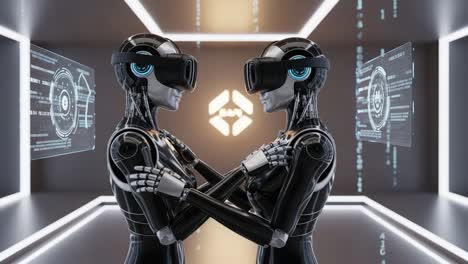 two futuristic robots engaged in a virtual reality interaction, showcasing advanced technology and connection in a high-tech environment