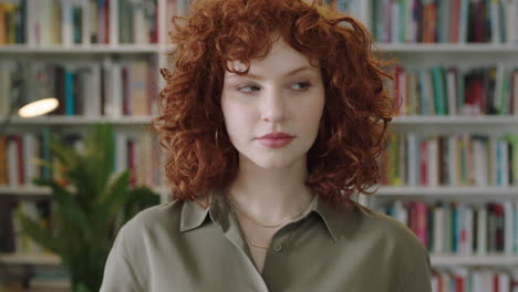 portrait of lovely young librarian woman standing in library attractive student smiling close up