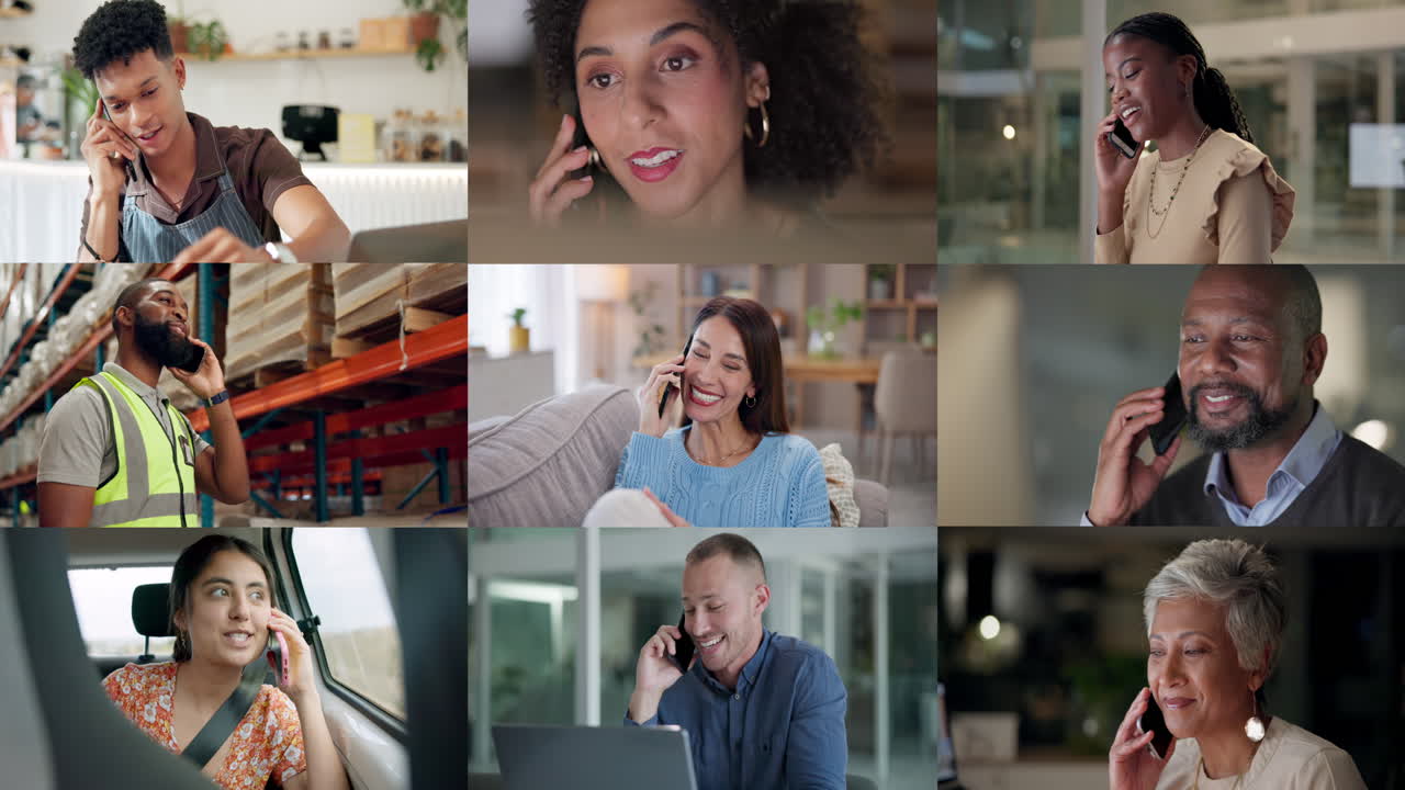 personas diversas hablando por teléfono en diversos entornos