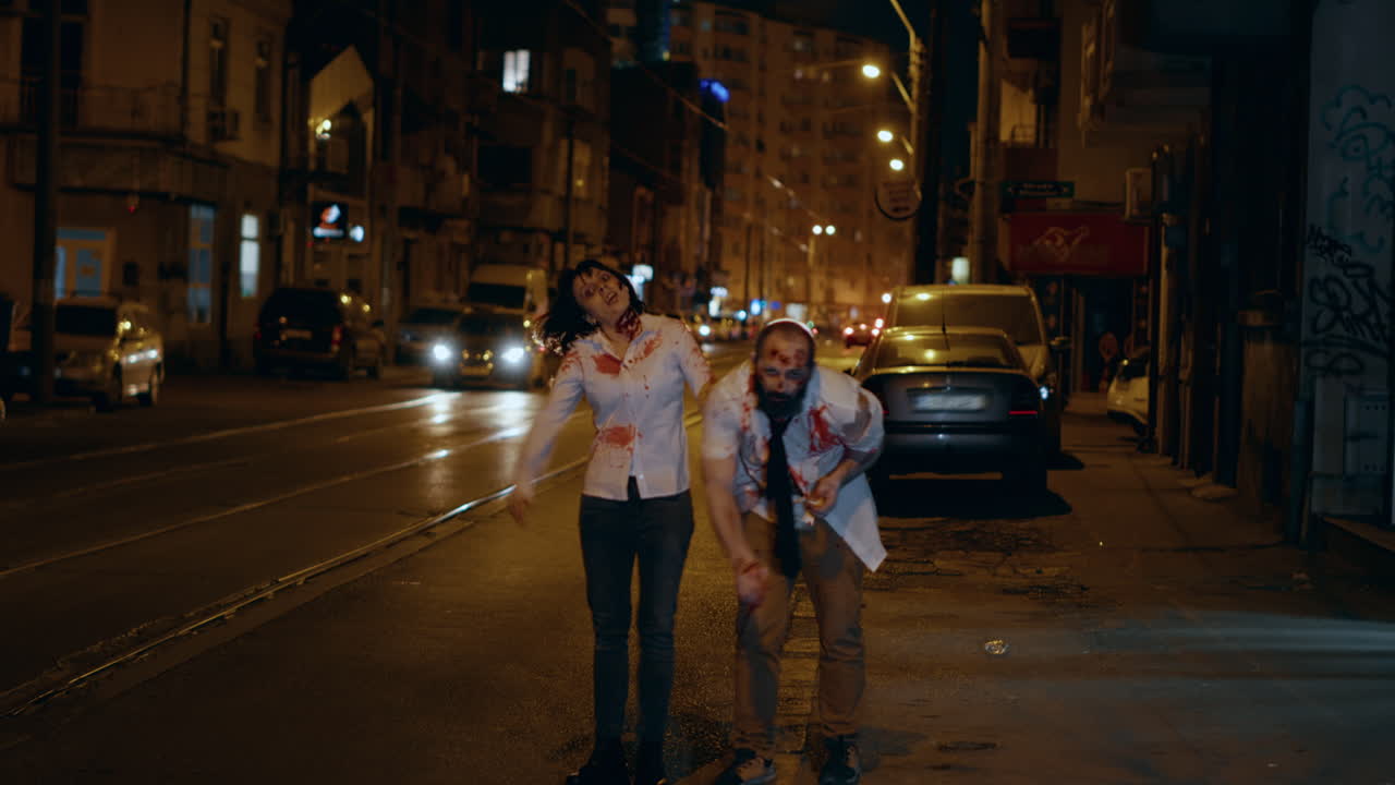 Scary brain-eating walking dead corpses looking frightening while prowling through city at night