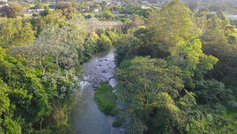 Río-Yaque-Del-Norte-Während-Einer-Sonnenuntergangsluftaufnahme-In-Jarabacoa-Mit-Wild-Lebenden-Tieren-Und-Kiefern