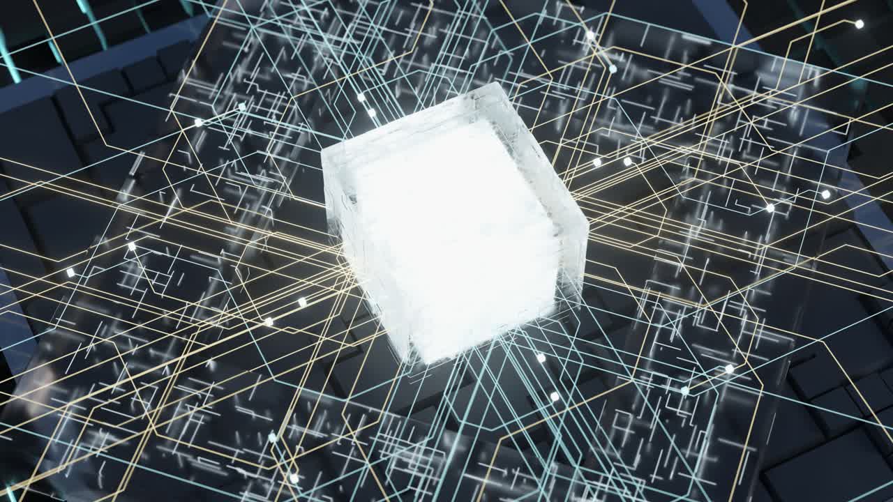 빛나는 큐브와 회로, 검은 큐브, 3d 렌더링