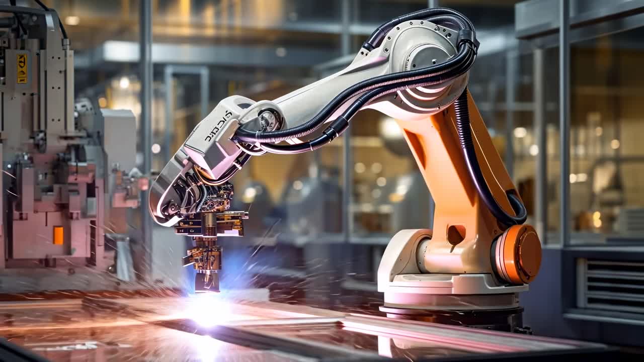Industriel robotarm i aktion, fanget fra et lavt perspektiv, fremhæver præcision